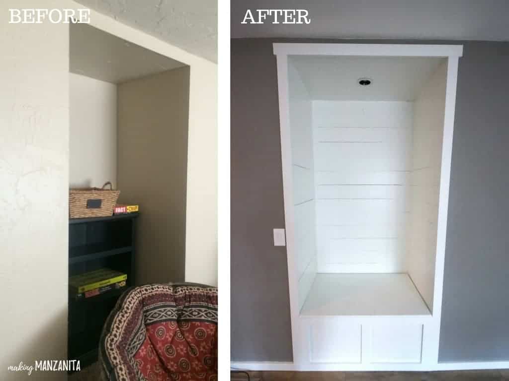 Two before and after photos of a small wall alcove renovated into a white shiplap covered reading nook.