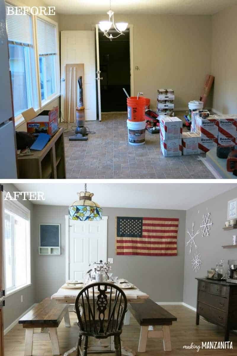 A during and after photo showing our dining room renovations. The top photo shows the renovations in progress, with a room filled with renovation supplies. The bottom image is a renovated dining room decorated with coastal farmhouse style decor, painted walls, and a new dining table.