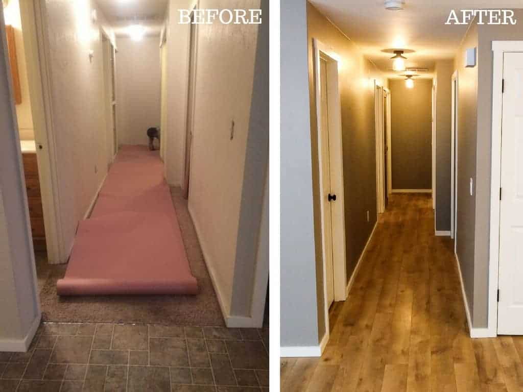Side by side images show the hallway renovations before and after. The updated hallway has new hardwood flooring, wall color, and new lighting.