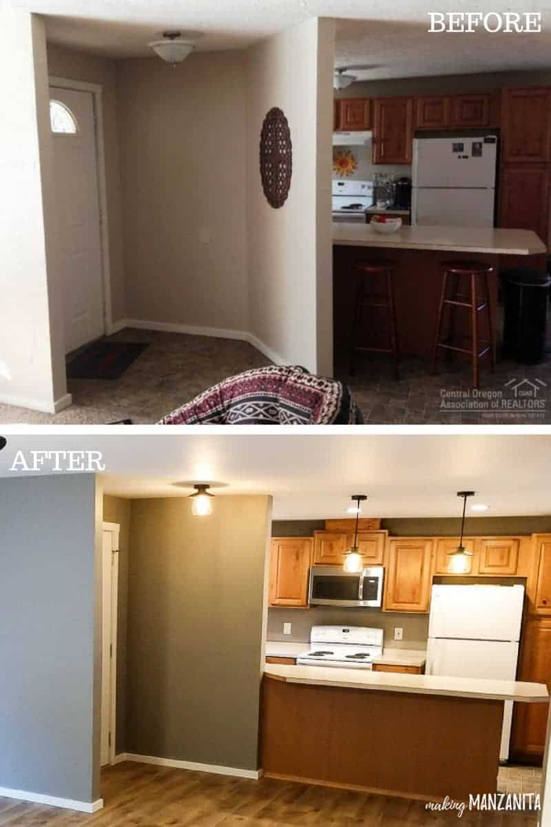 A pair of two images shows the same entry way before and after removing an awkward dividing wall. Other changes include painted walls, new light fixtures, and decor.