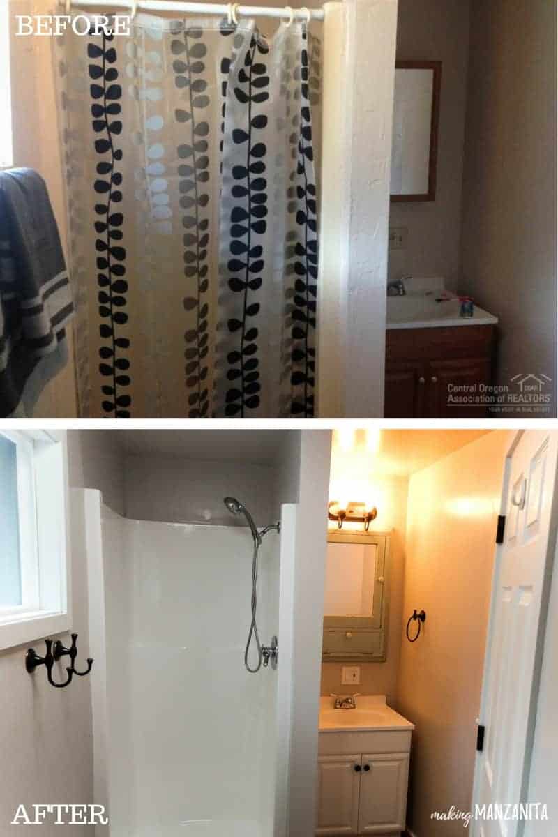 Two stacked images showing the comparison of the shower and vanity area in the master bathroom before and after renovations.