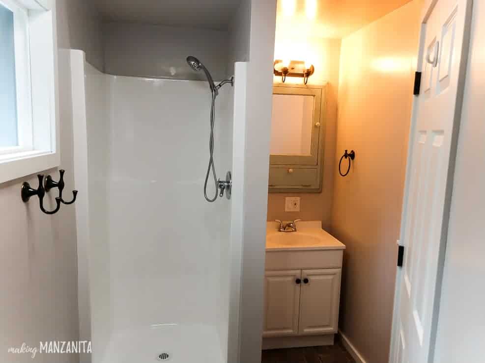 The master bedroom vanity and shower stall, with new wright paint to brighten up the room.