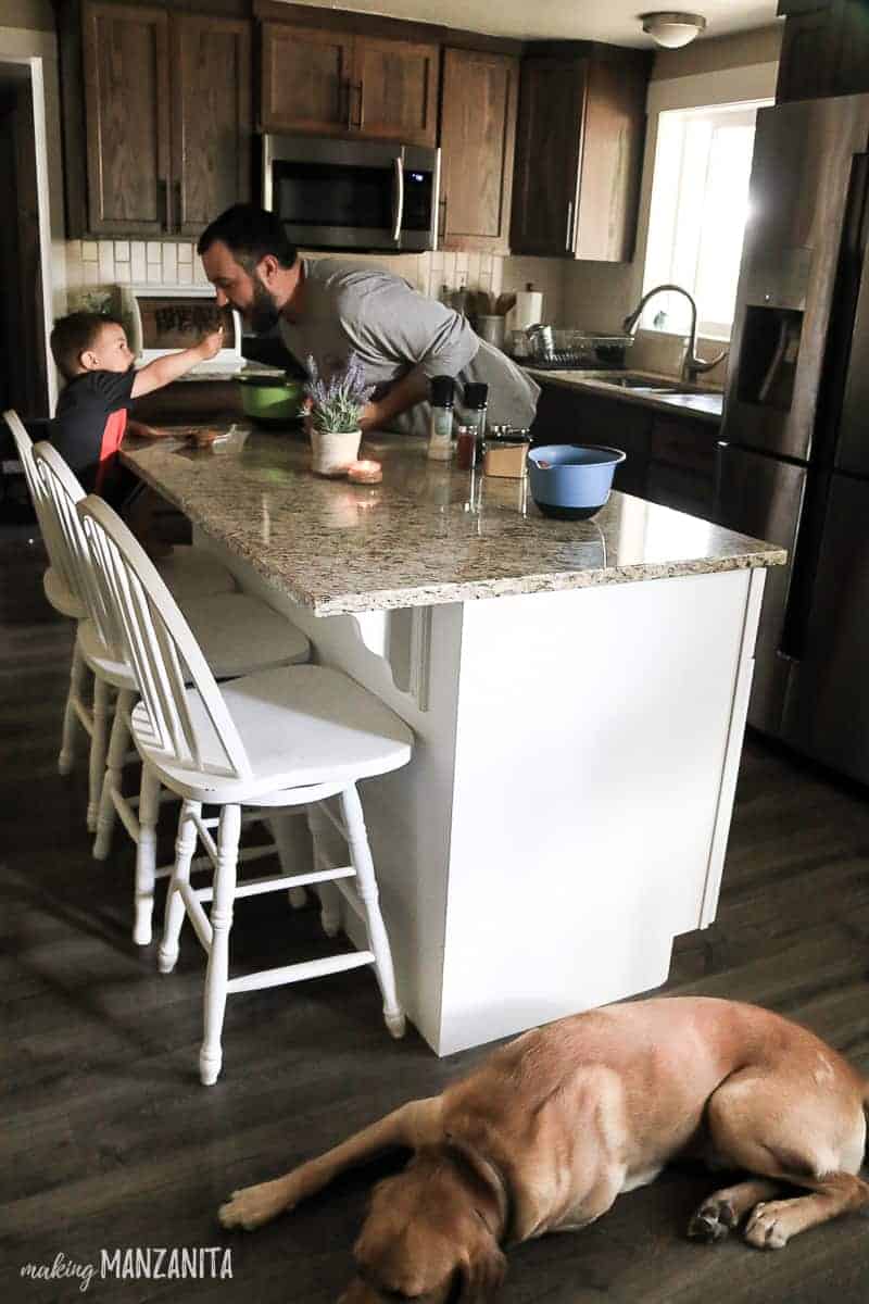 Toddler sitting at kitchen counter feeding father a bite while dog lays on floor