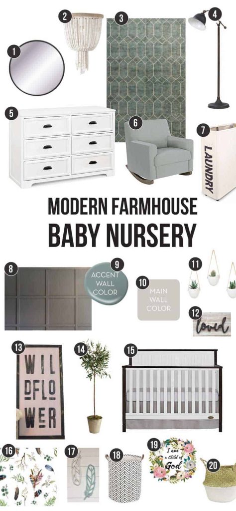 This mood board is for a modern farmhouse style baby nursery, and includes design elements like wall colors, furniture, and decor elements like wall art, lamps and more.