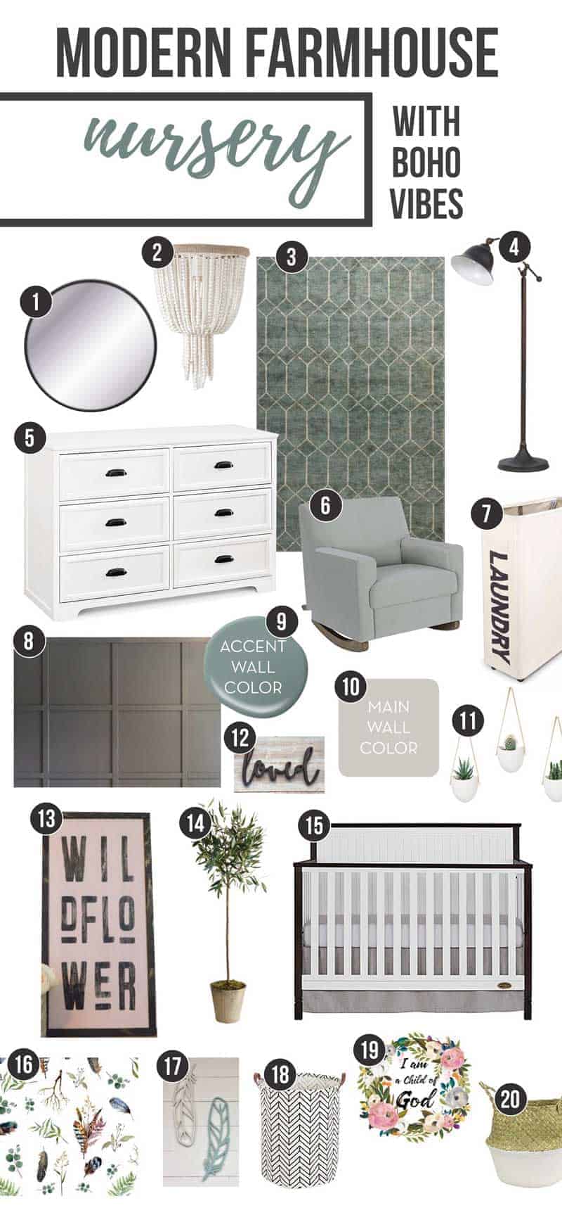 Nursery mood board for baby girl with modern farmhouse style showing furniture and decor options along with a color palette 