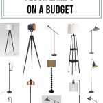 Tripod floor lamp, three-legged floor lamp adjustable floor lamp, glass head with black finish floor lamp, stacked ball base with faux silk shade floor lamp, Charlie Chaplin hat inspired floor lamp, industrial looking floor lamp, bronze shade floor lamp with text overlay that says Modern Farmhouse Flood Lamps on a Budget