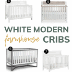 Collage showing 10 different white cribs labeled with numbers with text overlay that says white modern farmhouse cribs