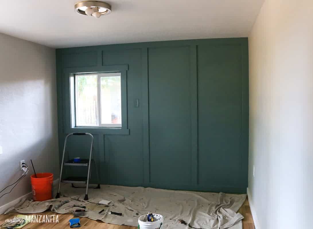 Painted blue green accent wall 