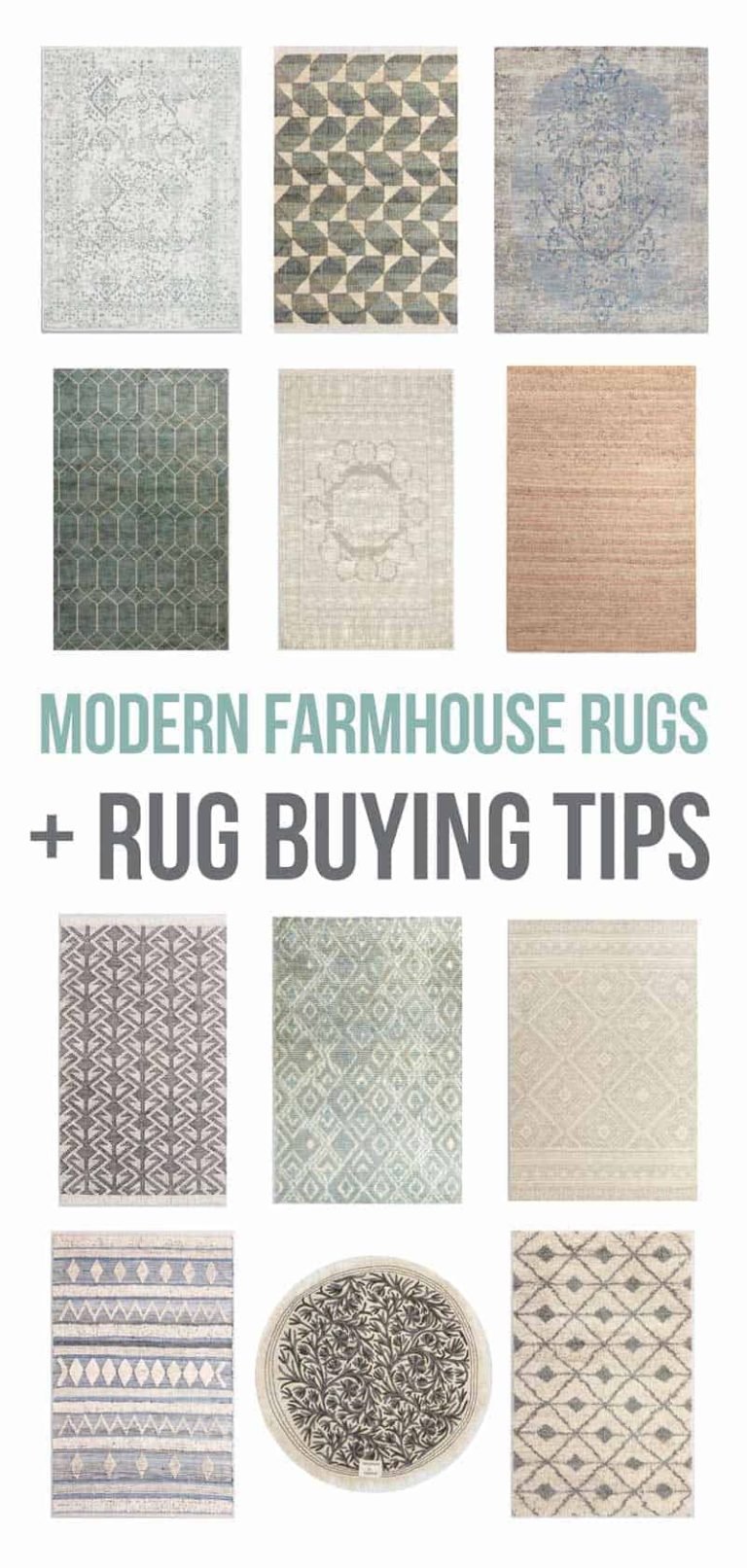 Collage of rugs with text overlay that says modern farmhouse rugs and rug buying tips