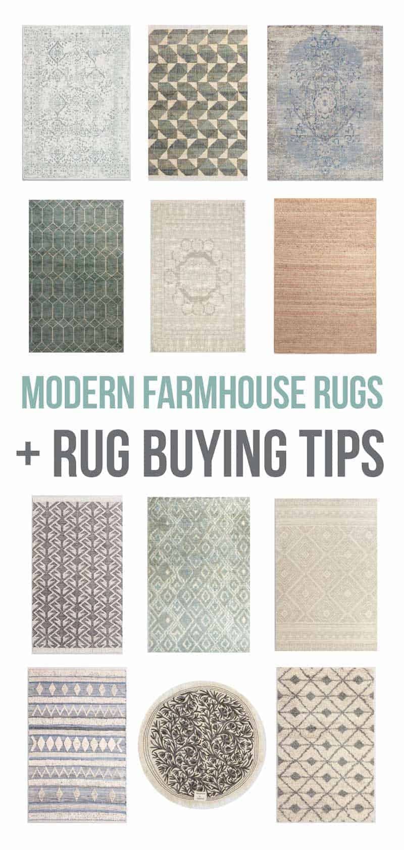 Collage of rugs with text overlay that says modern farmhouse rugs and rug buying tips