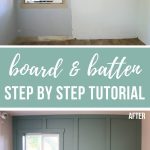 Before and after photos and board and batten accent wall with text overlay that says board & batten step by step tutorial