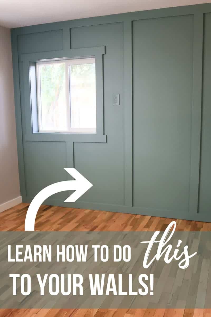 Blue green floor to ceiling board and batten wall with window and text overlay that says learn how to do this to your walls with an arrow point to wall