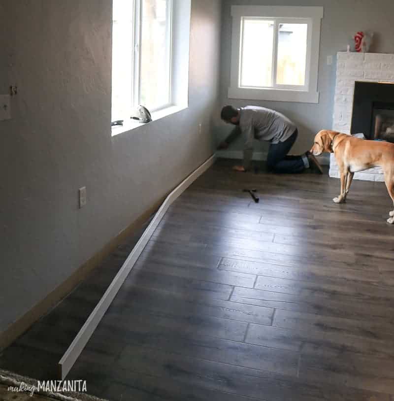 Removing the baseboards around the perimeter of our spare room. We removed the baseboards before pulling up the laminate flooring.