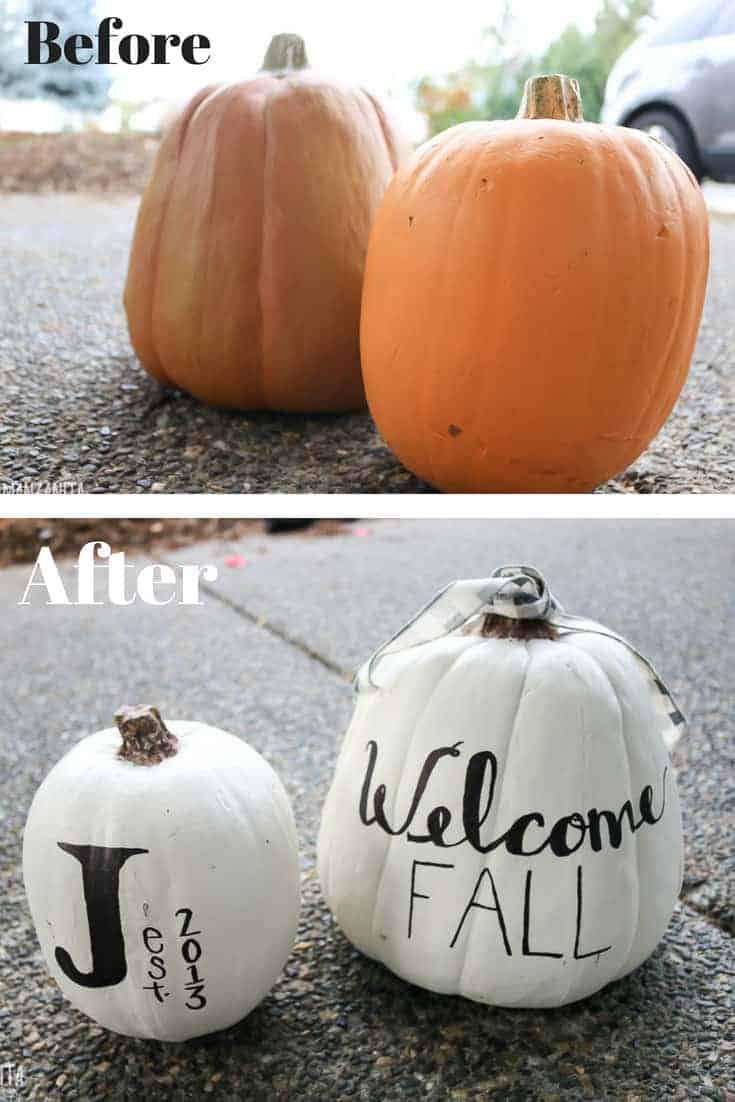 Before and after picture of orange pumpkins before and white pumpkin decor afterward with writing on them 