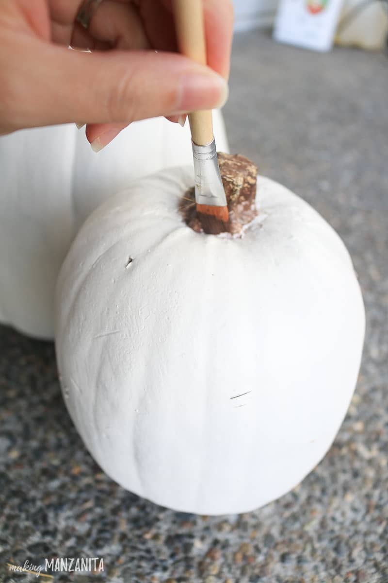 A white painted pumpkin decor and woman painting stem brown with paint brush