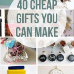 Collage of art notebook for kids, Christmas wreath. pot, diy doap, personalized pillow, diy spice covers, lego container and wreath with text overlay that says 40 Cheap Gifts You Can Make
