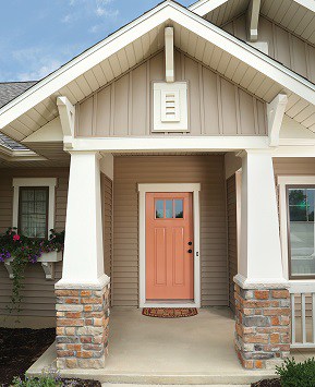 Craftsman style angled columns with stone stacked at the bottom