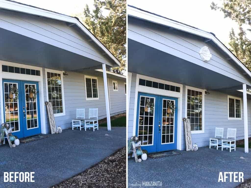 Side by side before and after photos showing the installation of our gable decorations - a white decorative louver.