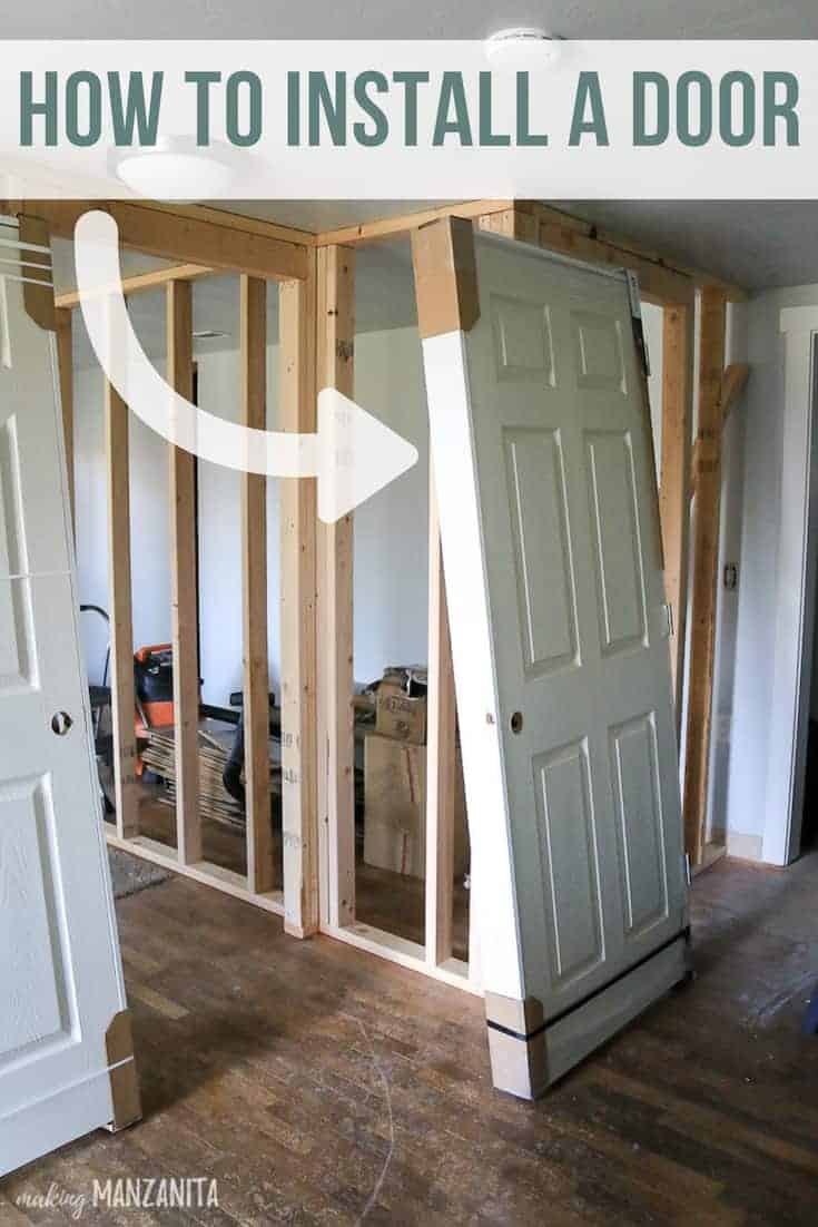 Prehung door leaning against a wall ready to be installed with text overlay that says how to install a door with an arrow pointing towards the door