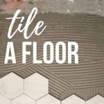 Marble hexagon tile floor getting installed over thin set mortar on floor with text overlay that says how to tile a floor