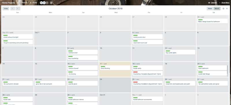 A screenshot of our project management calendar in Trello; using a project management schedule is key in staying organized during home renovations.