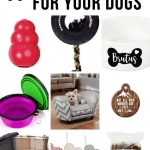 Collage of shaker, dog tie, bowl, dog cups, bed, pet ornament, dog bow tie, bow tie pillow toys, wooden sticks with text overlay that says 11 Gift Ideas For Your Dog