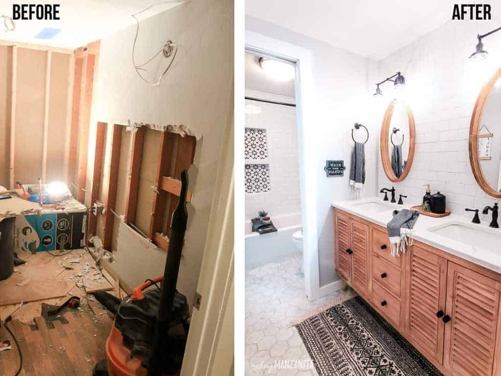 Before and after pictures of our farmhouse style bathroom renovation. On the left, a torn up and gutted bathroom. On the right, a bright boho farmhouse bathroom with white subway tiles and chic farmhouse accessories