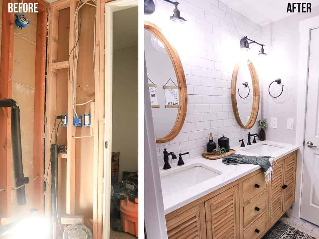 Before and after images of a bathroom renovation. On the left, a gutted bathroom under construction. On the right, a finished bathroom vanity with wood cabinets, oval mirrors hanging over bright white subway tile