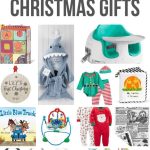 Collage of ABC block, shark bathrobe, bumboo seat, baby ornament, elf outdit, felt book, Baby book, Jumperoo, Christmas onesies, crumpled papers, bibs, playmat with text overlay that says Best Baby Christmas Gifts