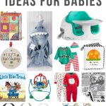Collage of ABC block, shark bathrobe, bumboo seat, baby ornament, elf outdit, felt book, Baby book, Jumperoo, Christmas onesies, crumpled papers, bibs, playmat with text overlay that says Christmas Gift Ideas for Babies