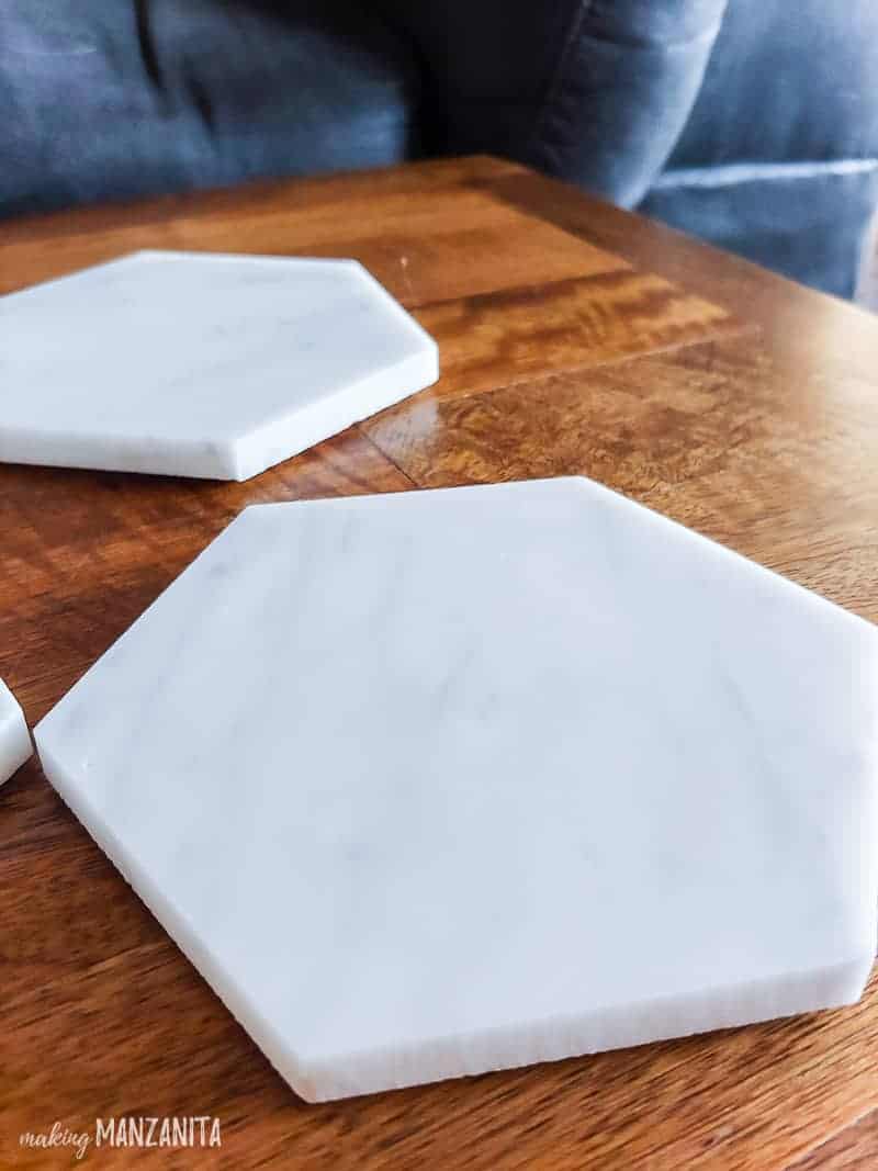 We made hexagon marble coasters with leftover tile from a renovation project