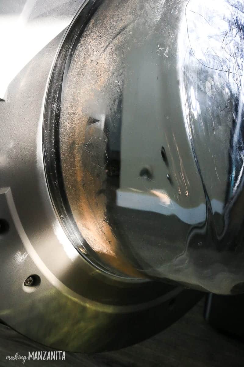 Dirt, hair, and mildew built up along the inside of the washing machine window on the front load door