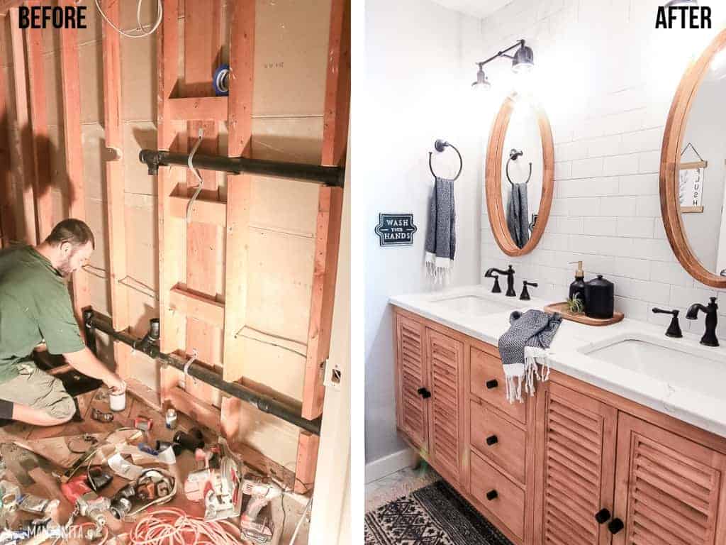 Before and after images of a renovated farmhouse style bathroom makeover. On the left, a gutted bathroom construction scene. On the right, a farmhouse bathroom vanity with white subway tile, oval wood mirrors and a wood vanity