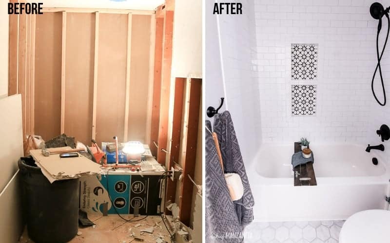 Before and after image of a renovated bath tub. On the left, a gutted bath tub recess. On the right, a renovated bath tub tiled with white subway tile and accessorized with a DIY wooden bath tray