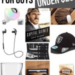 Collage of bulb, Capital Gaines book, wooden mouse pad, earphones, grilling set, cap, wine glass, wallet and burger presser with text overlay that says Gift Guide for Guys Under $25