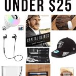 Collage of bulb, Capital Gaines book, wooden mouse pad, earphones, grilling set, cap, wine glass, wallet and burger presser with text overlay that says Gifts for Him Under $25