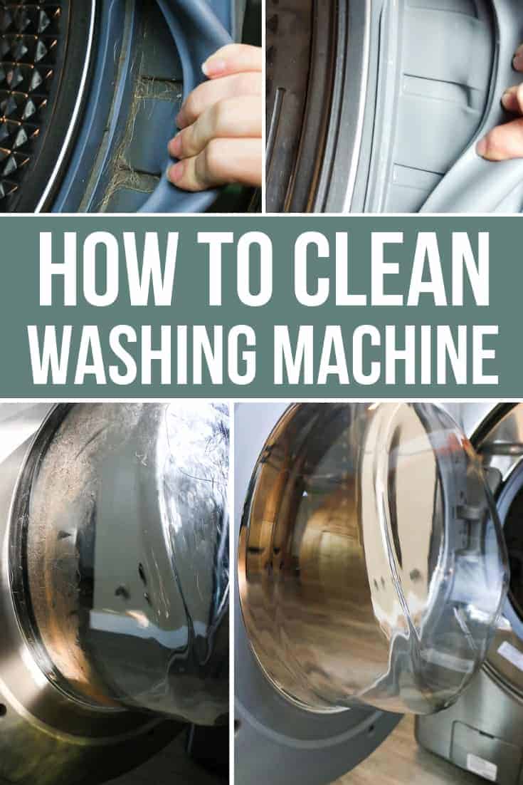 How to clean a washing machine:  before and after pictures of a washing machine door and rubber gasket, before cleaning and after cleaning.