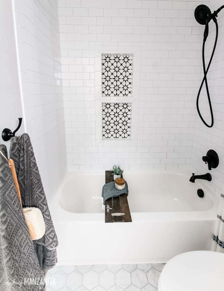 Simple DIY Removable Teak Shower Niche Shelf - Addicted 2 Decorating®