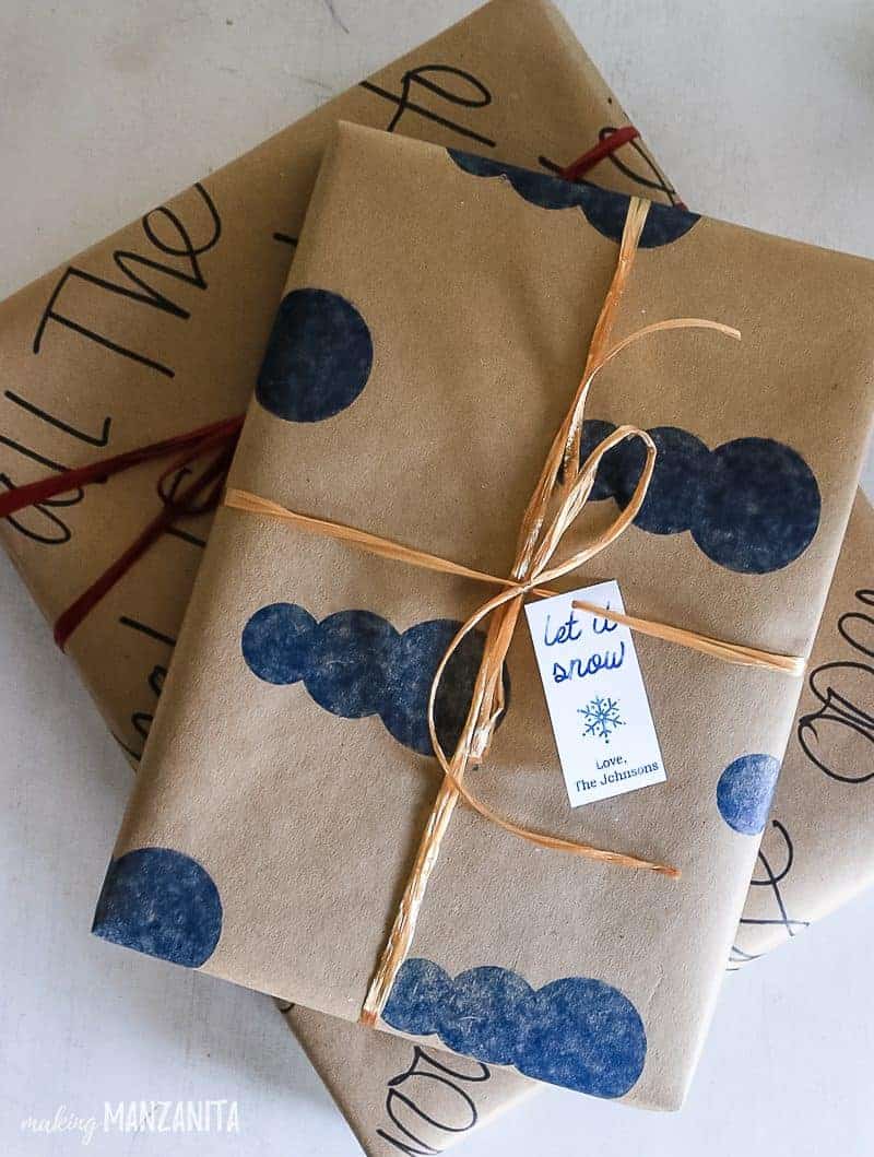 These personalized gifts are wrapped in DIY wrapping paper and finished with a custom-stamped Christmas gift tag, made with the Silhouette Mint.