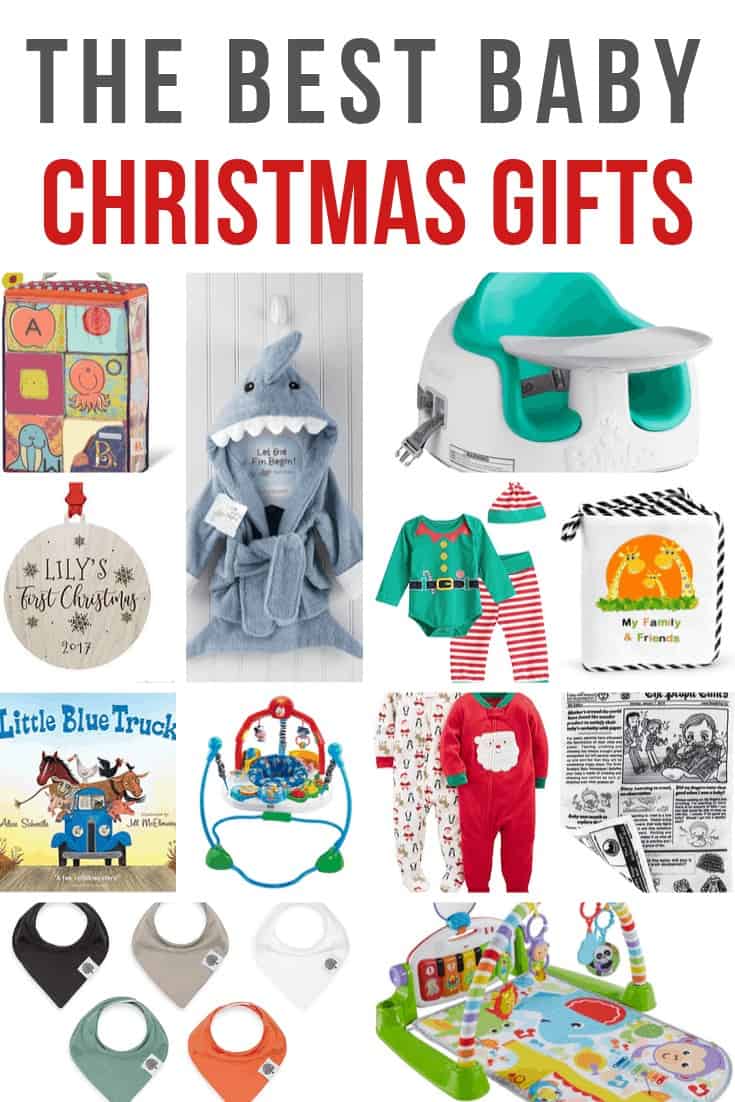 Collage of ABC block, shark bathrobe, bumboo seat, baby ornament, elf outdit, felt book, Baby book, Jumperoo, Christmas onesies, crumpled papers, bibs, playmat with text overlay that says The Best Baby Christmas Gifts