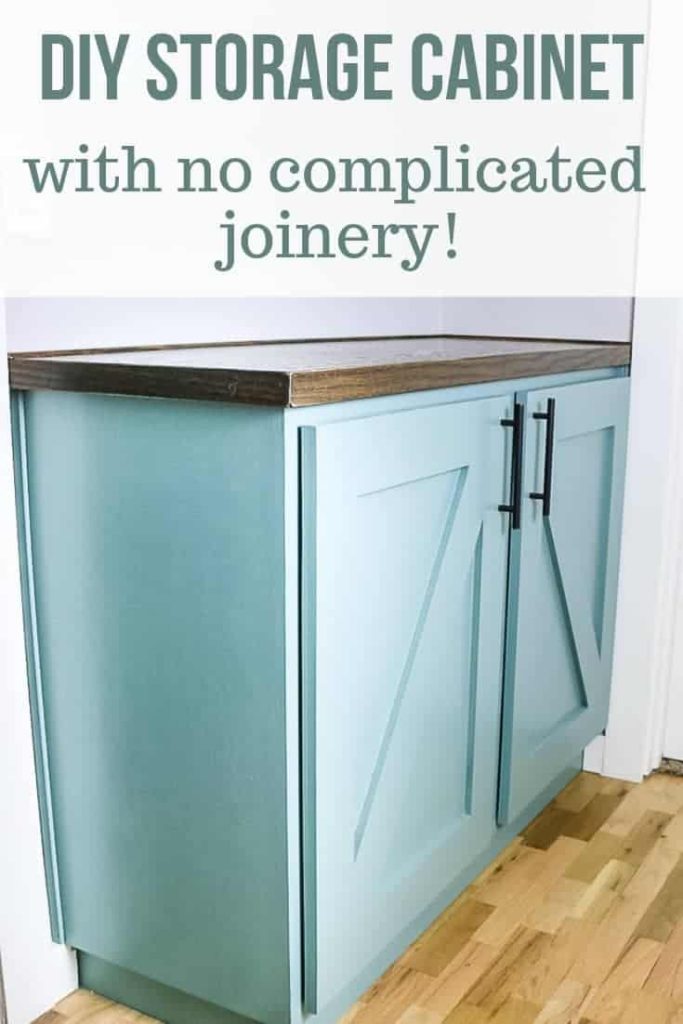 Hallway cabinet built ins with text overlay that says DIY storage cabinet
