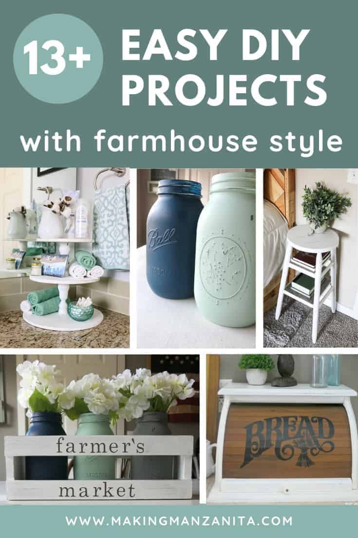 A collage of DIY farmhouse style projects. All of these DIY projects - like a tiered bathroom stand, painted mason jars, stool bedside table, or a vintage bread holder - are perfect for anyone who loves farmhouse decor around their home.