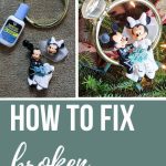 Broken Christmas ornament on left and fixed ornament on right with text overlay that says how to fix broken Christmas ornaments