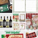 Collage of coffee gift certificate, calendar, wine labels, Christmas card, mason jar labels, Christmas coupons, chocolate labels with text overlay that says Printable Chritmas Gifts