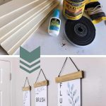 Supplies shown in top photo and finished DIY picture frames hanging in bathroom holding wash brush flush printables in bottom picture
