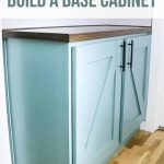 Blue green painted hallway cabinet built in for hallway storage with text overlay that says the easy way to build a base cabinet