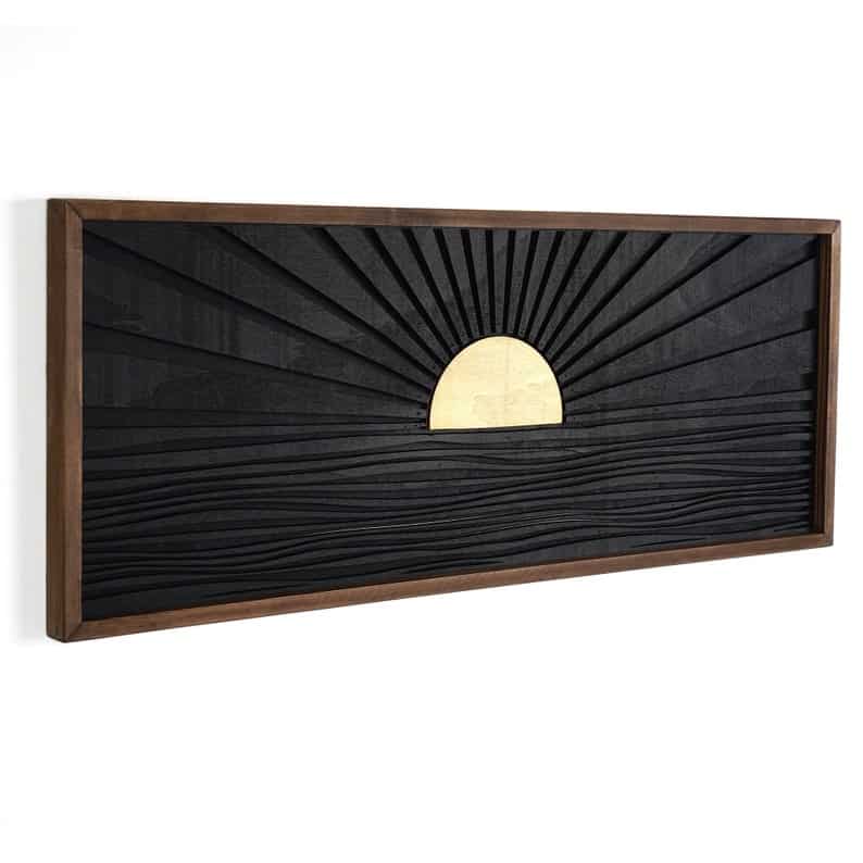 This modern black wooden art with a sunrise is perfect for decorating that blank space on the wall above your bed