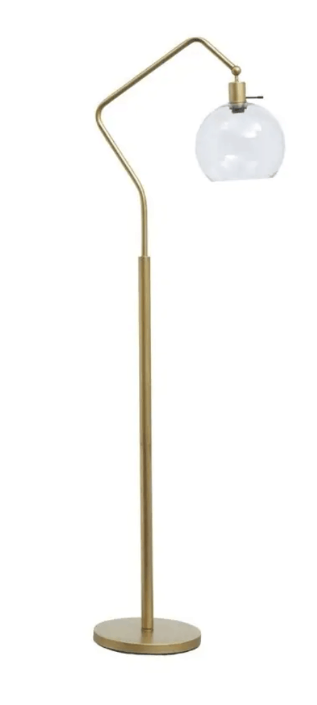 Brass floor lamp with round glass shade