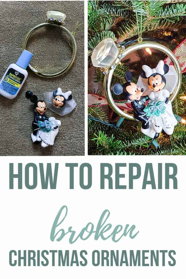Use the strongest super glue - DAP Rapid Fuse - to easily fix broken Christmas ornaments like this Mickey and Minnie Mouse wedding ornament.