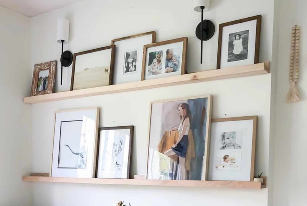 I love this modern ledge shelf for leaning picture frames. It would look great as wall decor, if you're looking for over bed ideas 